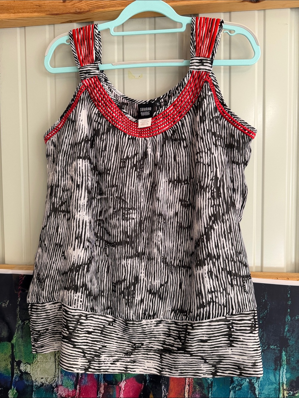 Sharon Young Black & White Printed Tank with Red Trim